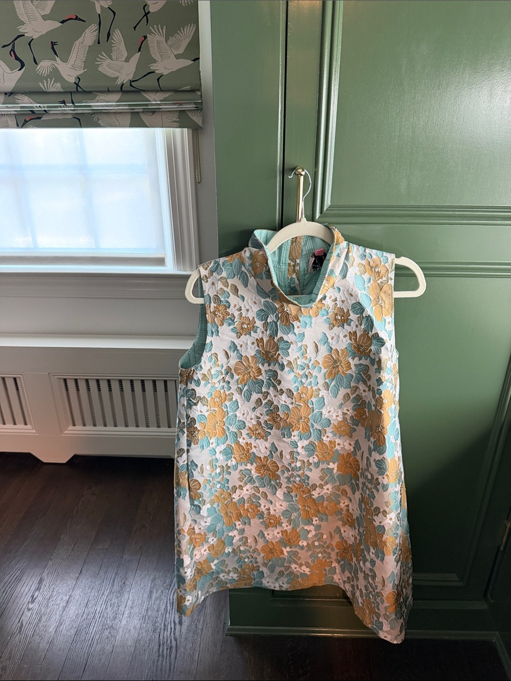 Mini Floral Brocade Dress in White, Gold & Teal
